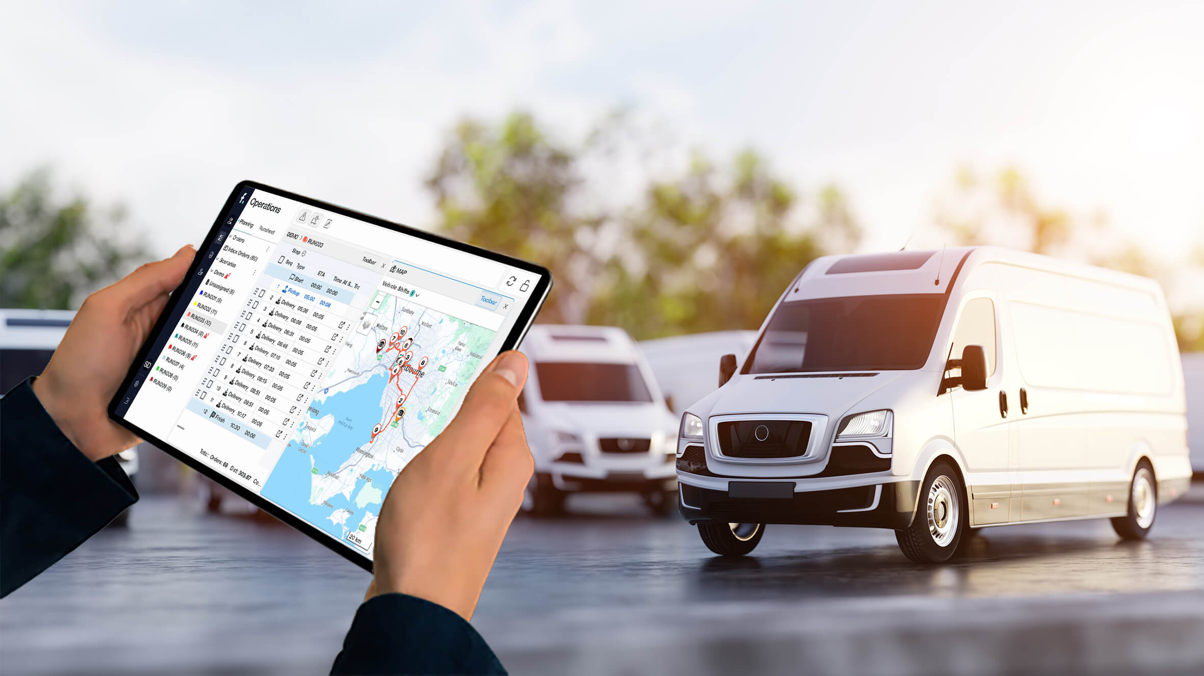 Fastmile - Tablet over Van sml fastmile transport management software technology last mile delivery collection transportation trucker driver app operational efficiency