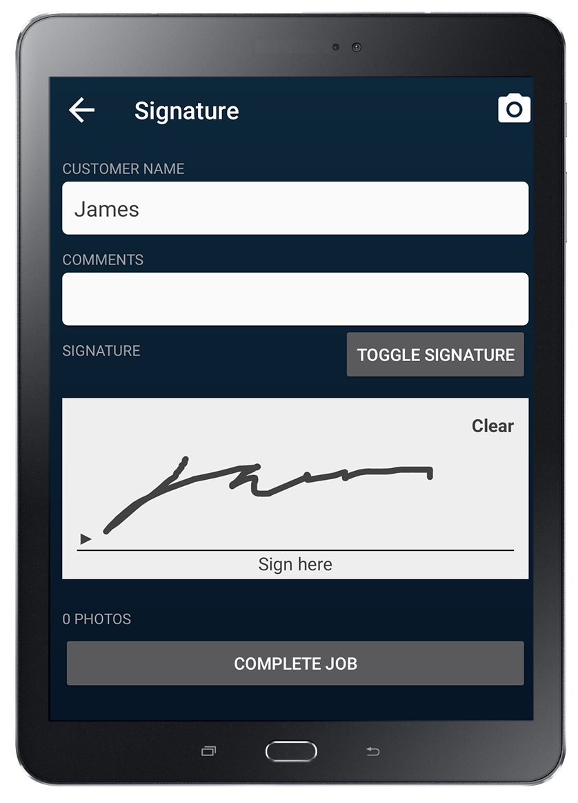 TABELT - OLMS - SIGNATURE tablet sign on glass proof of delivery collection fastmile transport management software technology last mile delivery collection transportation trucker driver app operational efficiency